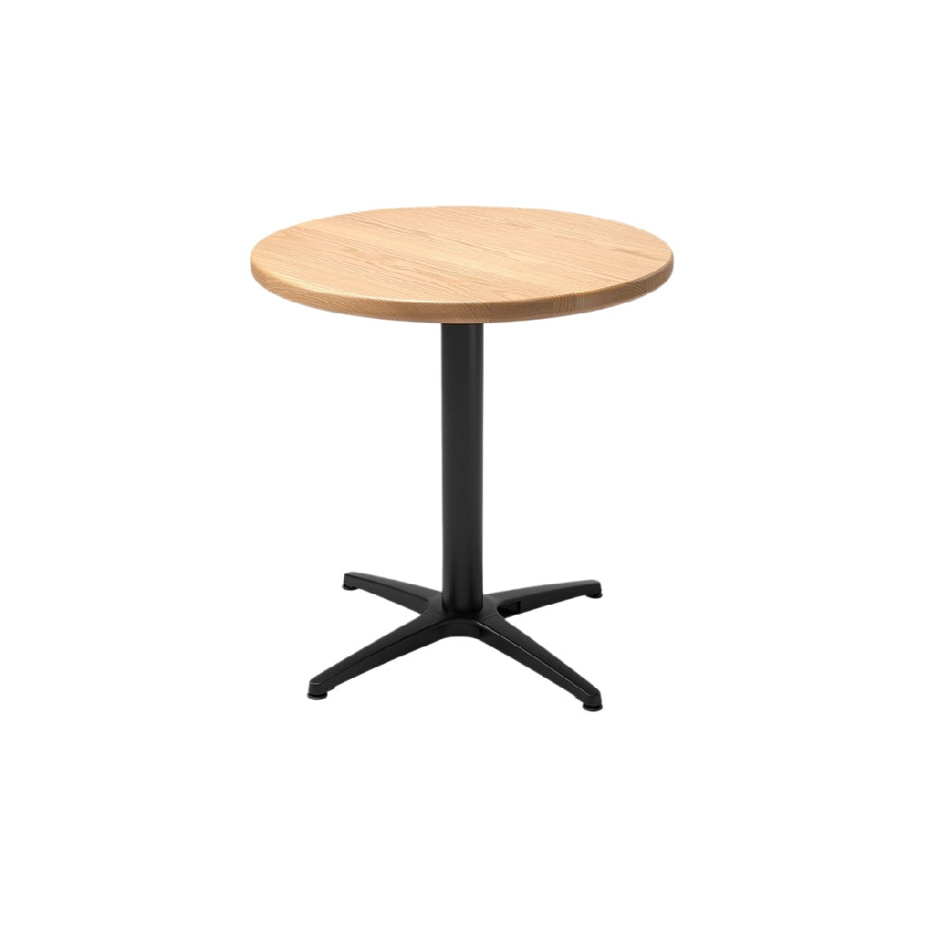 Ronde houten tafel met zwart metalen voet